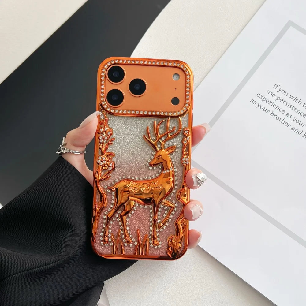 3D Deer Diamond Phone Case For iPhone 17 16 15 14 13 12 Pro Max 17pro Air Shiny Glitter Electroplated TPU Shockproof Soft Cover