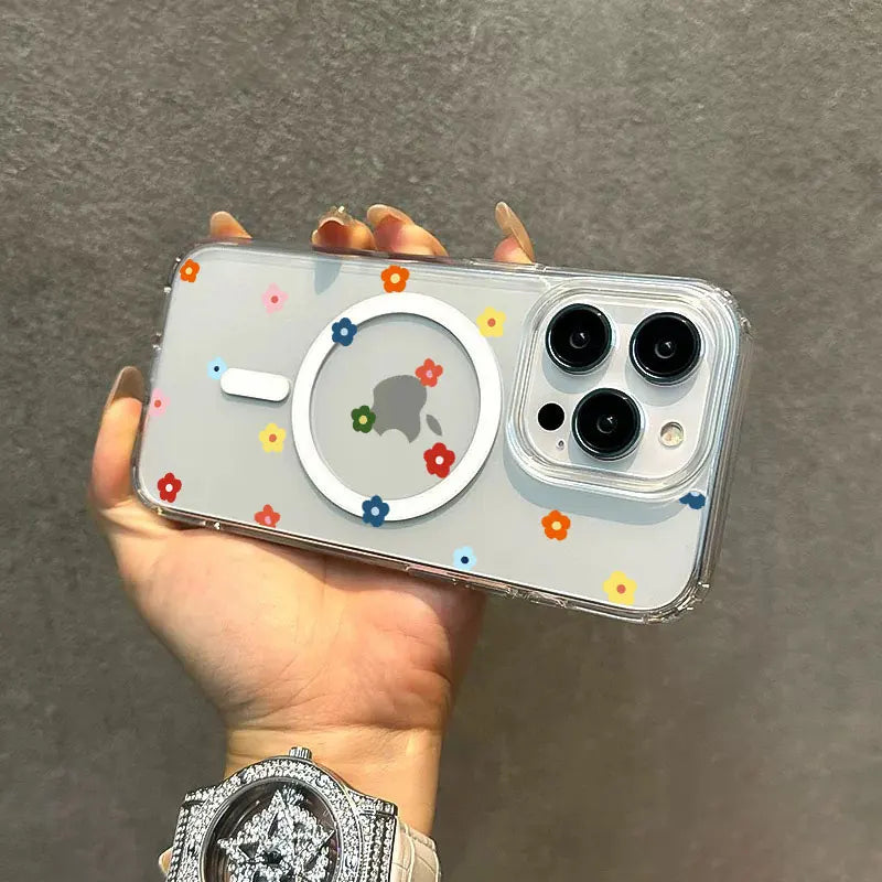 Small Flower Heart Graphic Magsafe Wireless Charger Phone Case For iPhone 16 15 14 13 12 11 16E Pro Max 7 8 Plus XS XR X Cover