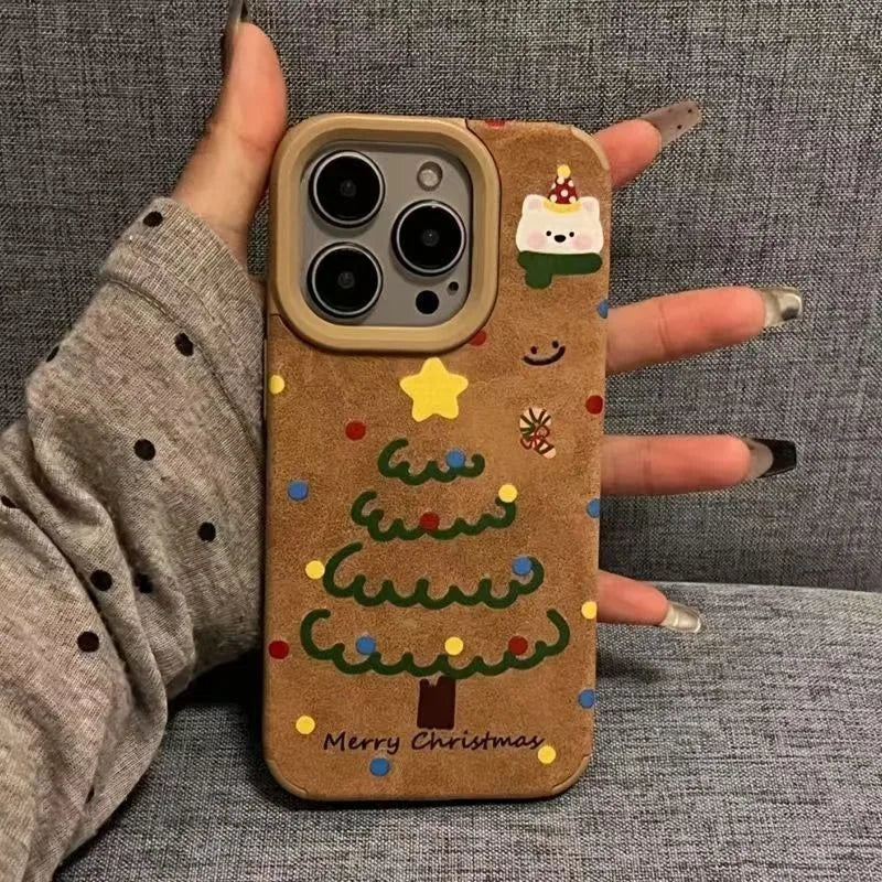Cute Bear And Star Design Christmas Tree Faux Leather Phone Case For iPhone 16 Pro Max XS XR X 11 13 12 15 14 16 Plus Soft Cover