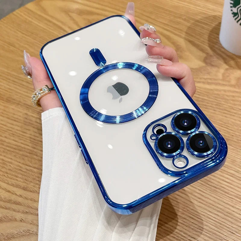 Magnetic Plating Case For iPhone 15 16 14 17 13 12 11 Pro Max Air Camera Lens Protector Glass For Magsafe Wireless Charger Cover