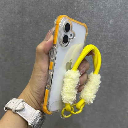 Hybrid Color Transparent Armor Case For iPhone 16 15 14 11 12 13 Pro Max Plus X Xr Xs Plush Wrist Strap Airbag Shockproof Cover