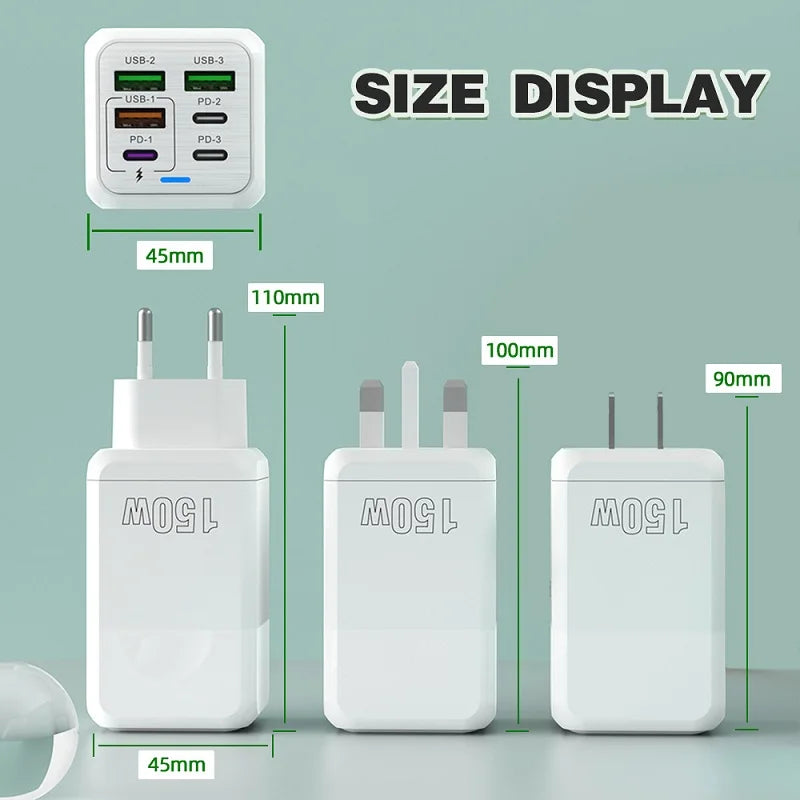New 150W Fast Charger Mobile Phone Wall Adapter 3Type-C+3USB Multi Port Adapter Super Fast Charging for iPhone Samsung Huawei