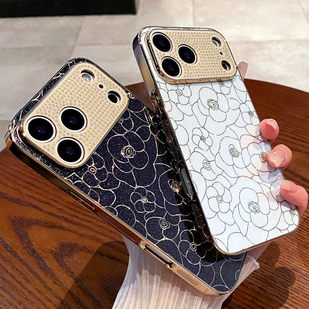 Luxury Plating Diamond Cover Glitter Gold Line Rose Flower Phone Case for iphone 17 PRO MAX 17 AIR 16 PRO MAX 16E 13 14 15 Plus