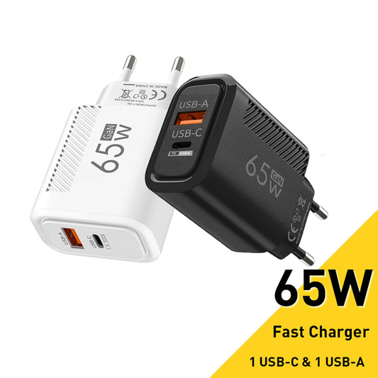65W GAN 2 Ports Charger USB Type C PD Quick Charge 3.0 Mobile Phone Wall Adapter for iPhone 15 Pro max Huawei Xiaomi EU/US Plug
