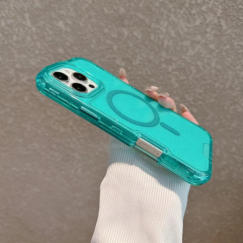 3 in 1 Glitter Neon Color Clear MagSafe Phone Case for iPhone 16 16pro max 15 Pro 14 13 12 Magnetic Wireless Charge Armor Cover