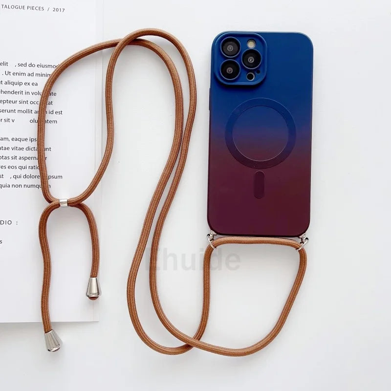Crossbody Lanyard Case For Magsafe iPhone 16 14 13 12 Pro Max 11 15 Plus Magnetic Gradient Color Camera Protect Shockproof Cover