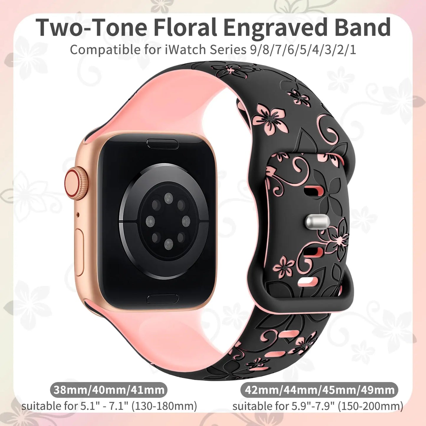 Floral Engraved Strap For Apple Watch Band 46mm 41mm 40mm 44mm 45mm 42mm 49mm Silicone Sport iWatch Series 11 10 SE 9 8 Ultra 2