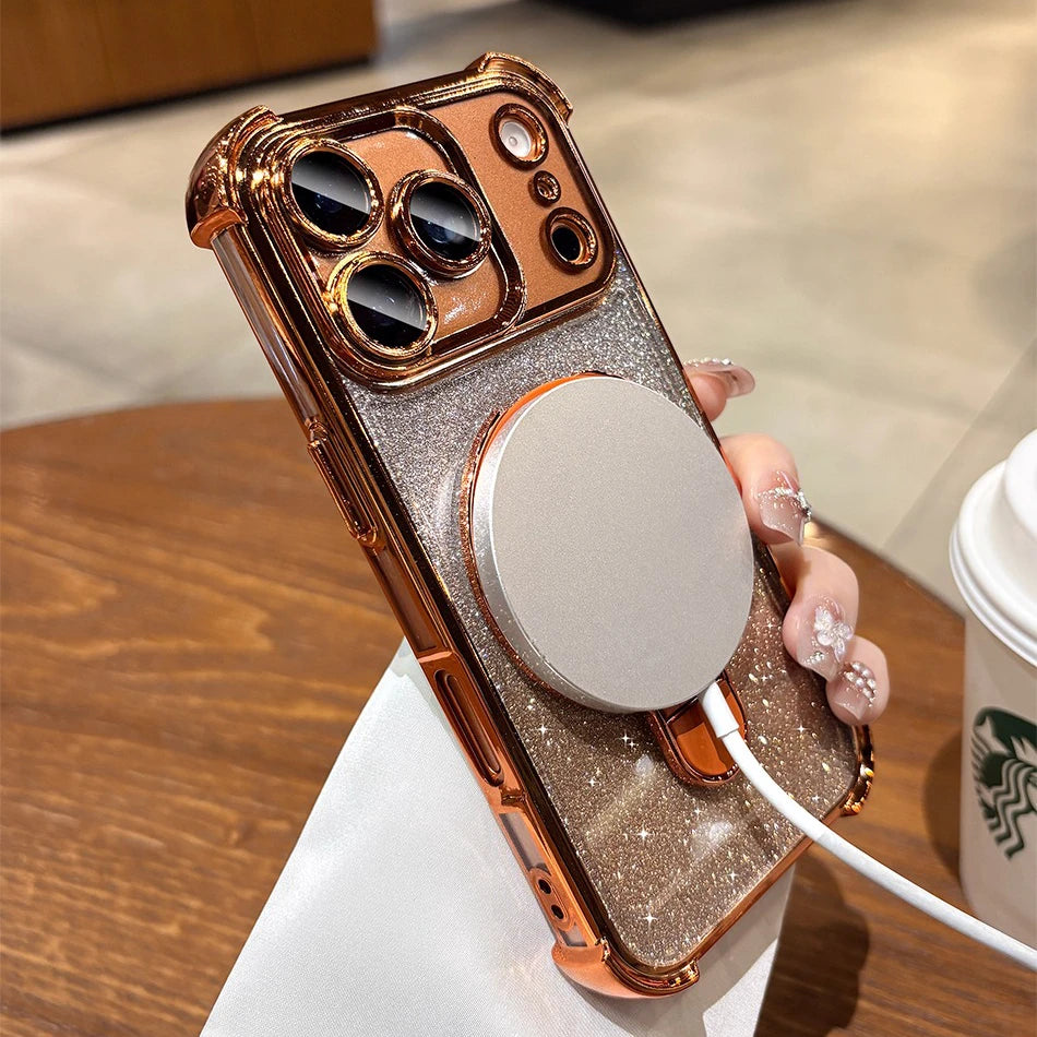 for Magsafe Glitter Bracket Plating Case for iPhone 17 16 15 Pro Max 14 Plus 11 12 13 Air Ring Holder Bling Airbag Bumper Cover
