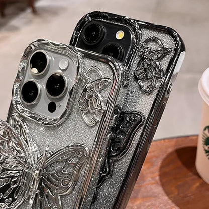 Glitter Butterfly Gradient Stand Case for iPhone 15 16 14 12 13 Pro Max 14Pro Bracket Transparent Plating Soft Silicone Cover