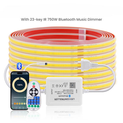 220V Dimmable COB LED Strip Light WIFI Bluetooth Wall Touch 23key Remote Control Power Kit 288LED IP67 Waterproof Flexible Lamp