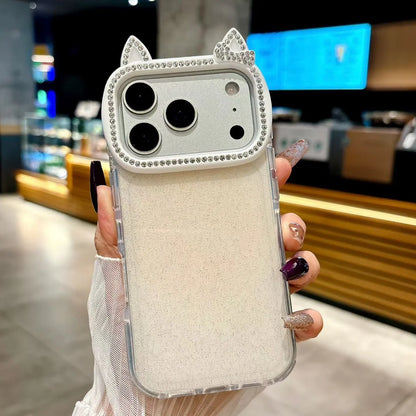 Cute Rabbit Ear Phone Case For iPhone 17 Pro Max Glitter Diamonds Cover For iPhone 15 Pro 16 Pro Max 14Pro 13 Protective Cases