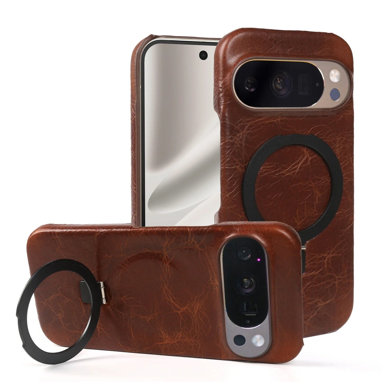 Foldable Bracket Stand Genuine Leather Phone Case For Google Pixel 10 Pro 9pro 9A 8pro 7pro 6 6A Kickstand Protective Back Shell