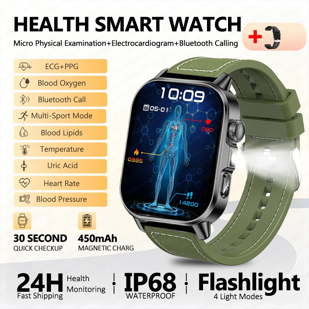 2026 New ECG Smart Watch Blood Pressure Blood Oxygen Uric Acid Monitoring IP68 Waterproof 450mAh Health Smart Watch Men Women