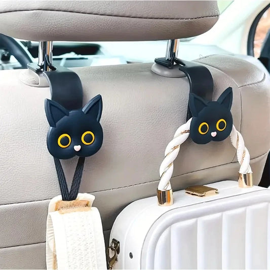 2pcs Adorable 3D Cartoon Cat Car Seat Headrest Hooks - Universal Vehicle Storage Organizer for Handbags, Purses, Coats - Cute Cat