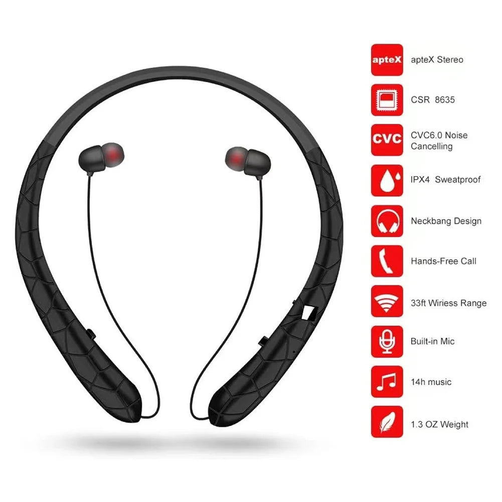 Neckband Headset Waterproof Workout Headphones Bluetooth-Compatible5.0 Retractable Earbuds with Mic for iPhone Samsung LG