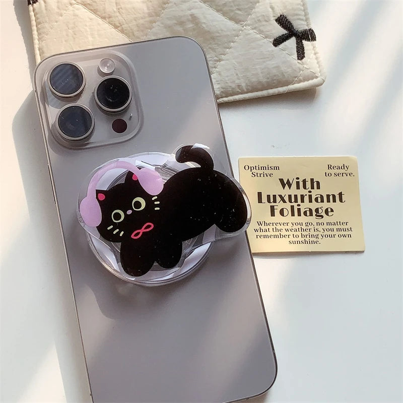 Korean Cute Cartoon Black Cat For Magsafe Magnetic Phone Griptok Phone Holder Stand Universal Phone Ring Grip Tok For iPhone 15