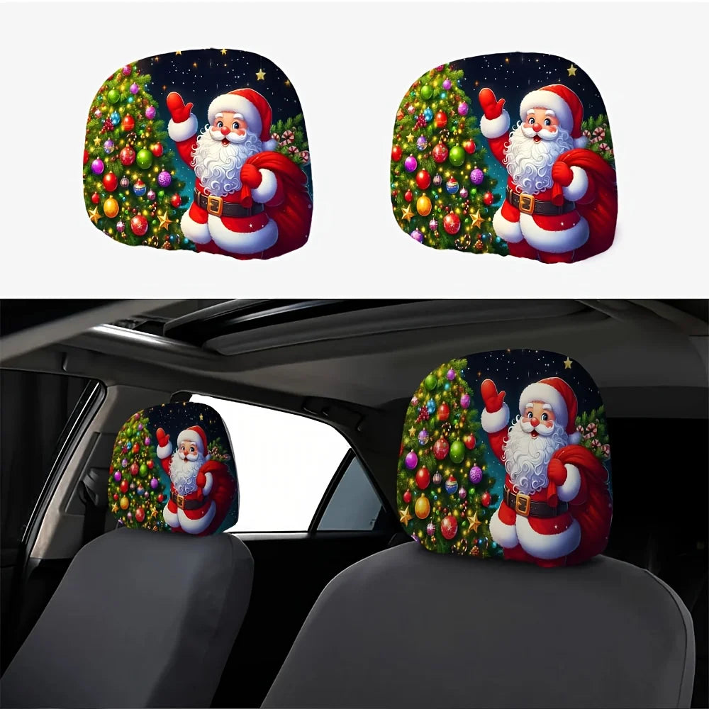 2 pieces of Christmas tree and Santa Claus patterned car headrest covers, holiday gifts, retractable and washable