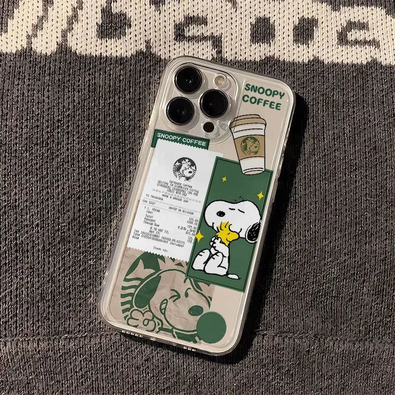 Funny Cartoon Cute Snoopy coffee Clear TPU Phone Case For iPhone 11 12 13 14 15 16 Pro Max 16 Plus Lovely Snoopy Anti-Fall Cover