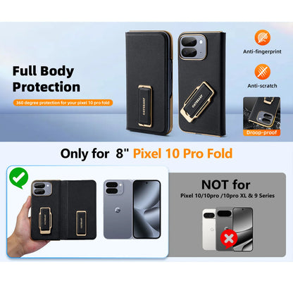 Eary for Google Pixel 10 Pro Fold Phone Case & 360°Rotatable Stand Magnetic Grip Band Leather Cover Shockproof Dual Strap Shells