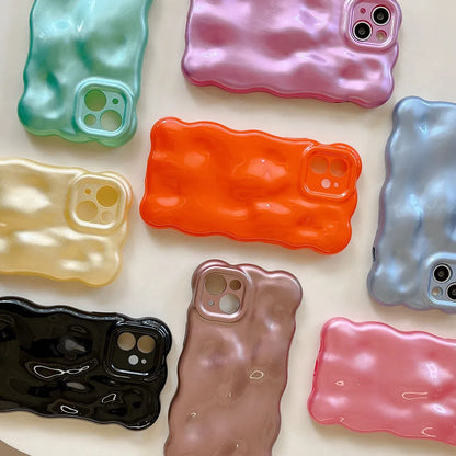 Korean Glossy 3D Meteorite Texture Macaron Solid Color Case For iPhone 14 Pro 13 12 Pro 11 Pro Max Wave Phone Shockproof Shell