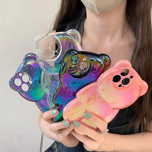 Ins Cute 3D Aurora Cartoon Bear Case For iPhone 11 13 12 14 15 16 Pro Max 16 Plus Colorful Laser Rainbow Gradient Soft Cover