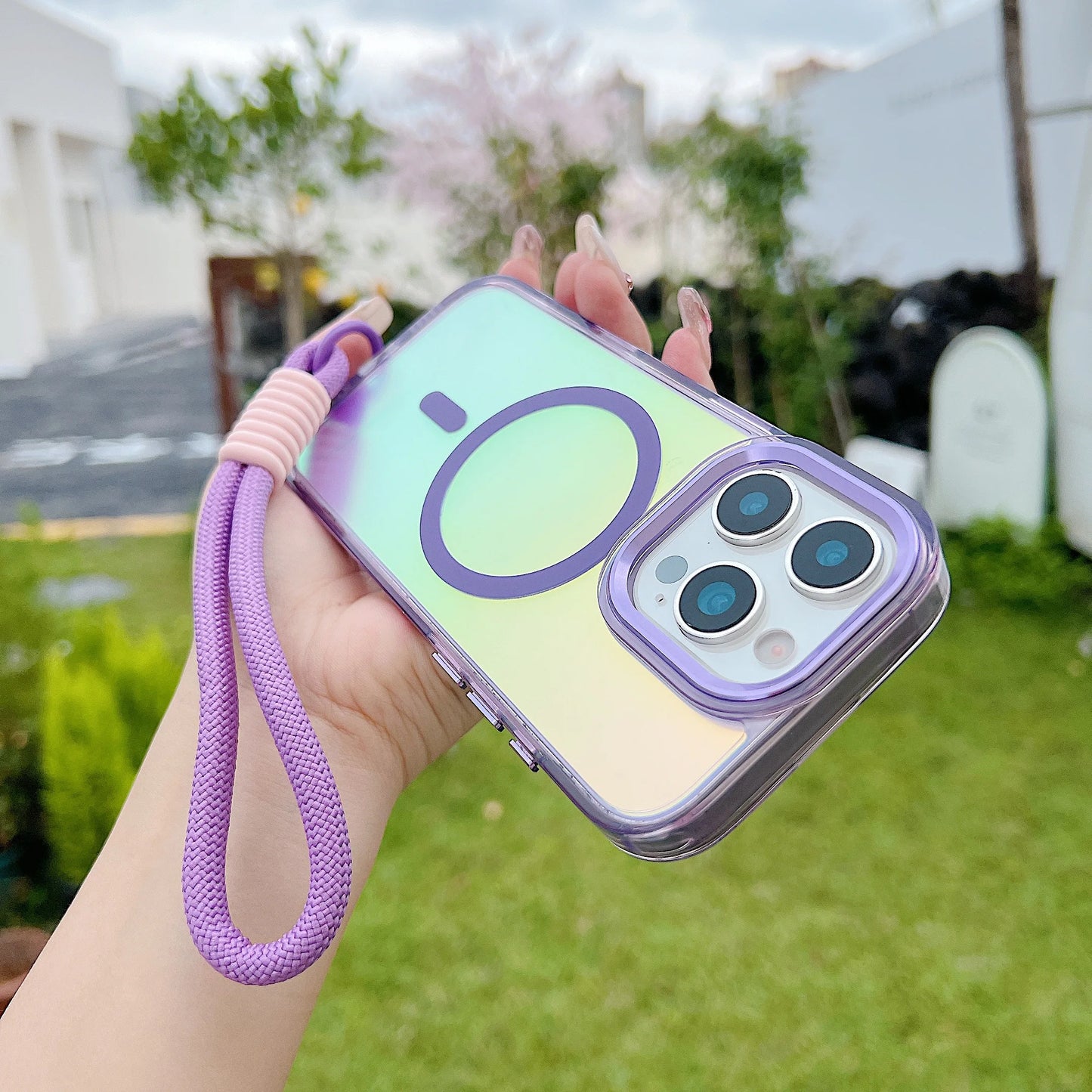 Fashion Laser Gradient Magnetic Lanyard Shockproof Case for iPhone 17 Air 16 15 14 13 11 12 Pro Max Plus E For Magsafe Cover