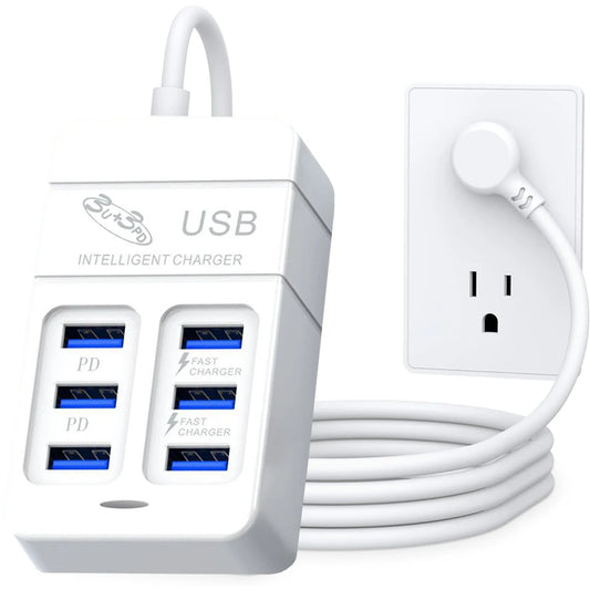 PD Quick Charging Wall Chargers USB Hub Adapter 6 Ports USB Type C Desktop EU US Plug Slots Charging Extension Socket Outlet