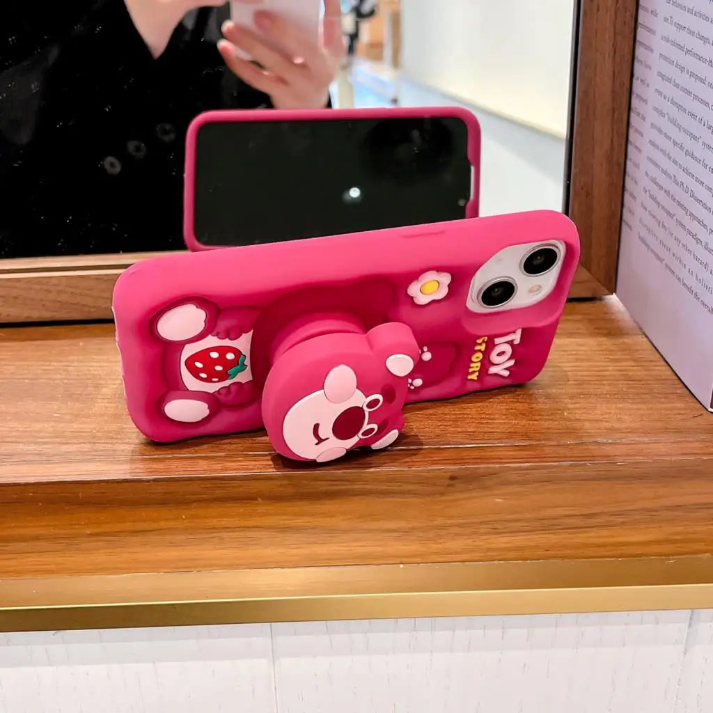 For iPhone 15 Pro Max 16 11 12 Pro 13 14 Pro Max 13Pro 3D Stitch Kitty Face Grip Tok Holder Cartoon Silicon Soft Phone Case