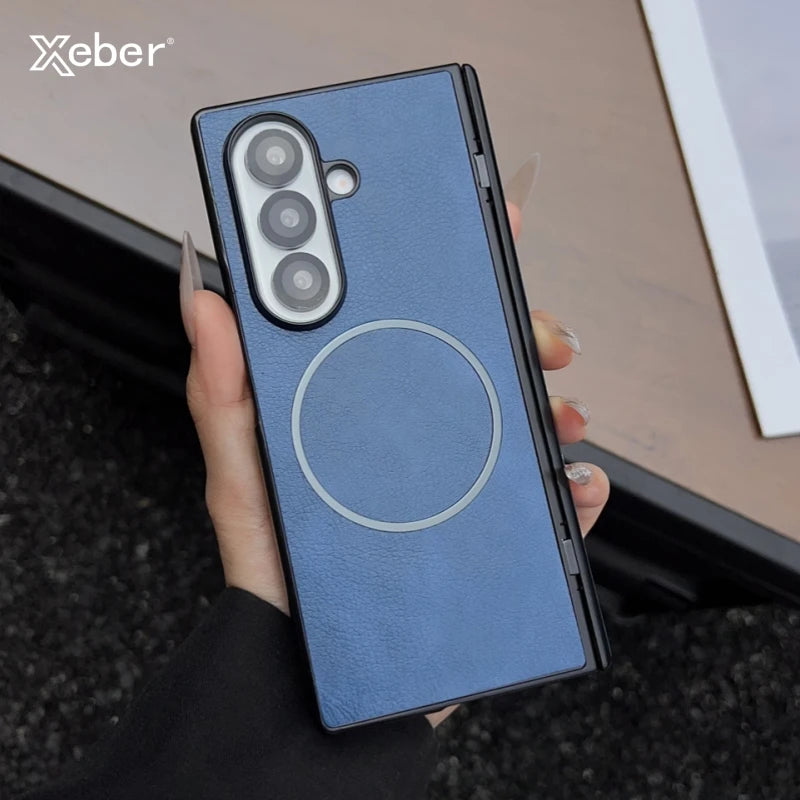 For Samsung Galaxy Z Fold 7 5 4 3 Case Leather Pattern For Magsafe Magnetic Case For Galaxy Z Fold6 Fold7 Wireless Charge Cover
