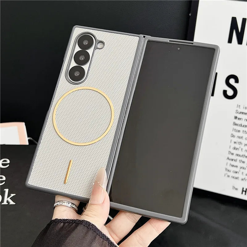 Business Leather Gold Magnetic Coil Phone Case For Samsung Galaxy Z Fold 7 Z Fold6 Fold 5 4 3 Luxury Full Protective Thin Cover