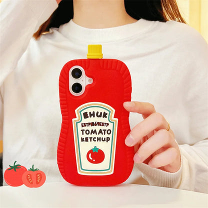 Funny 3D Cartoon Ketchup Phone Case For iPhone 16 15 14 13 12 Pro Max Tomato Soft Silicone Cover