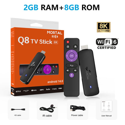 Mortal Q8 Android14 TV stick WIFI6 Voice Control TV stick  8K video Allwinner H313 Netflix YouTube Tv box Free Live TV Streaming