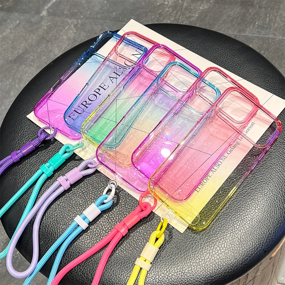 Gradient Colorful Transparent Phone Case For iPhone 17 16 15 14 13 12 Pro Max Plus Shockproof TPU Back Cover With Wrist Strap