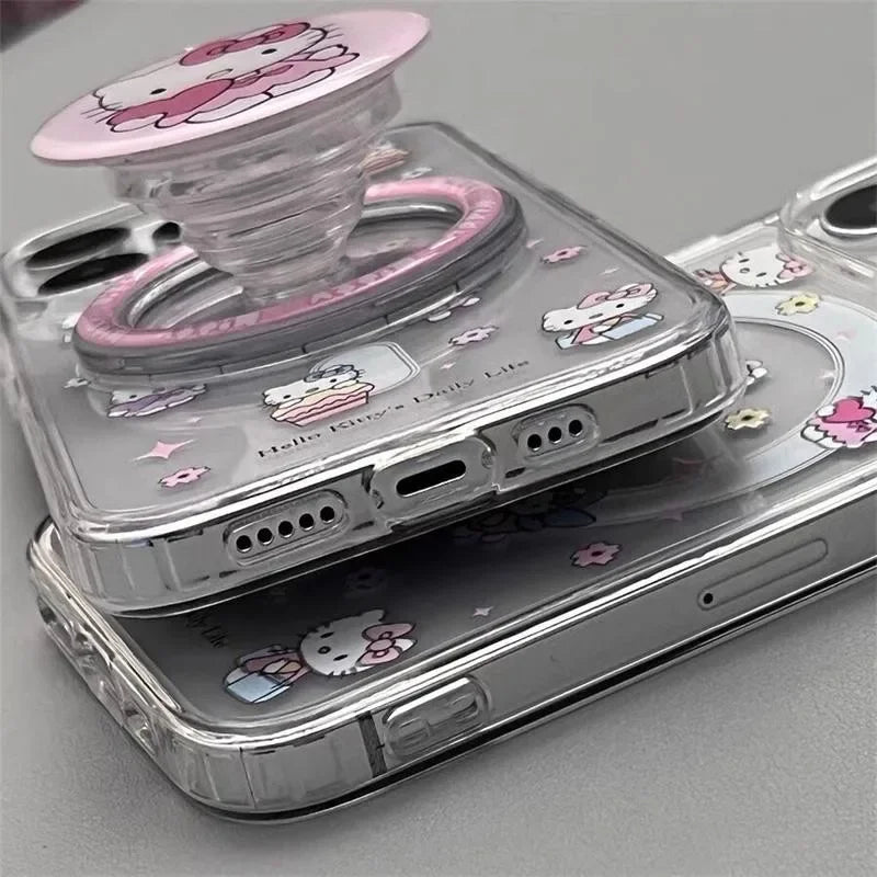 Cute Hello Kitty Magnetic Grip Holder Magsafe Wireless Charge Phone Chain Case For iPhone 16 15 12 Pro Max 14 Plus 13 Mini Cover