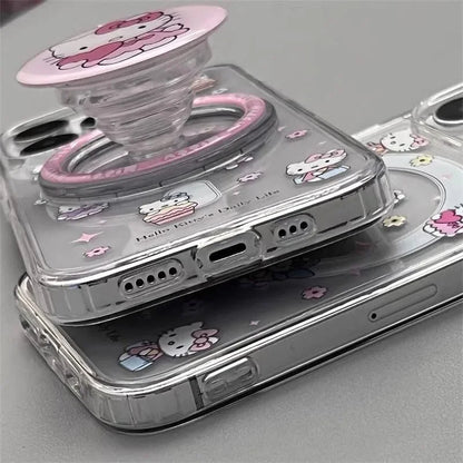 Cute Hello Kitty Magnetic Grip Holder Magsafe Wireless Charge Phone Chain Case For iPhone 16 15 12 Pro Max 14 Plus 13 Mini Cover