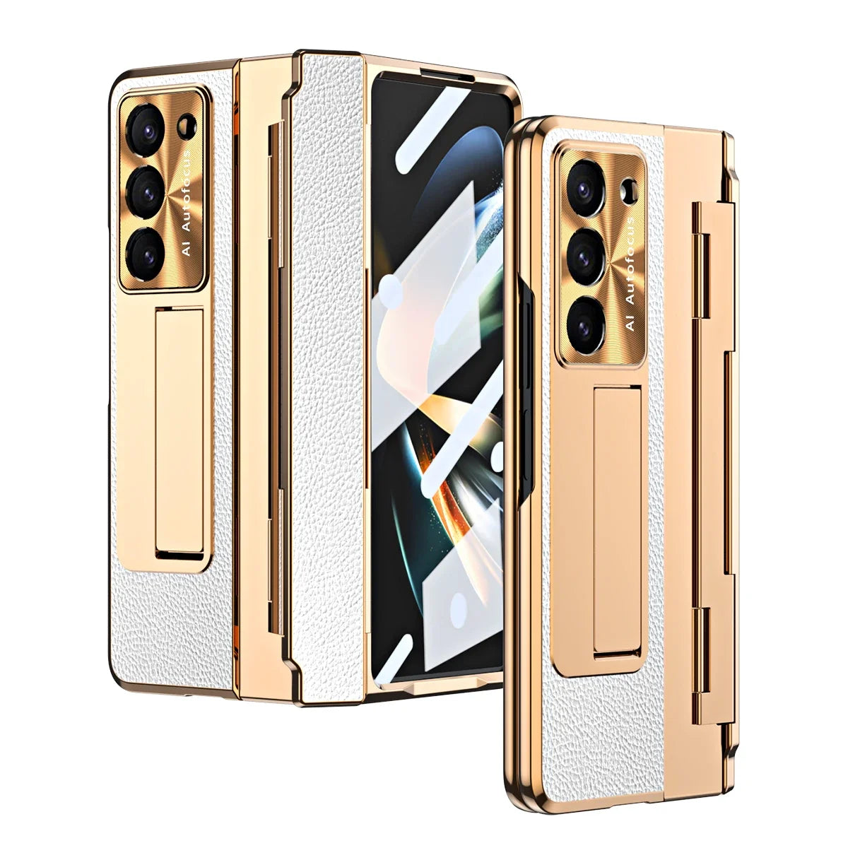 Plating Leather Stand Flat Hinge Protective Case For Samsung Galaxy Z Fold 6 5 4 3 With Front Glass Film Fold5 Protection Cover
