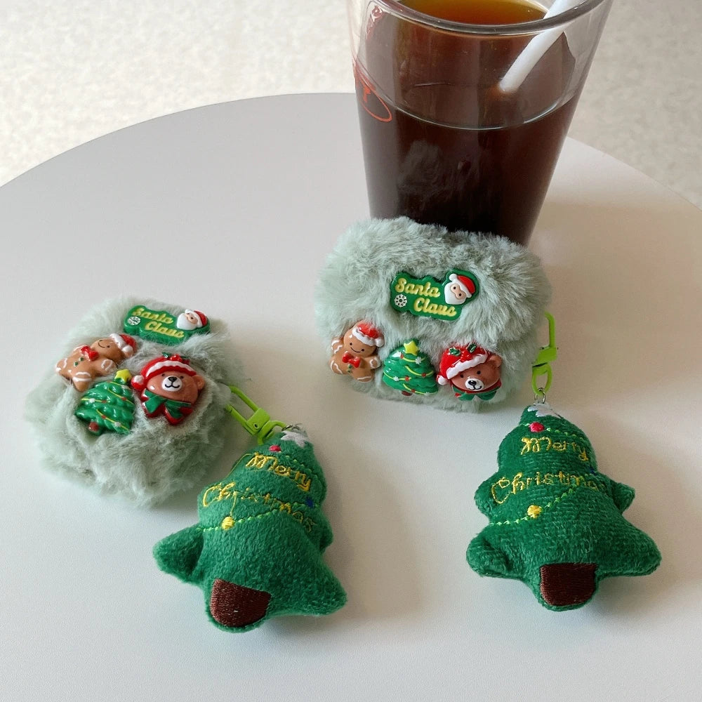 Cute 3D Xmas Cartoon Plush Earphone Case for AirPods 4 3 Pro 2 1, Merry Christmas Tree Pendant Bear Santa Claus Protective Cover