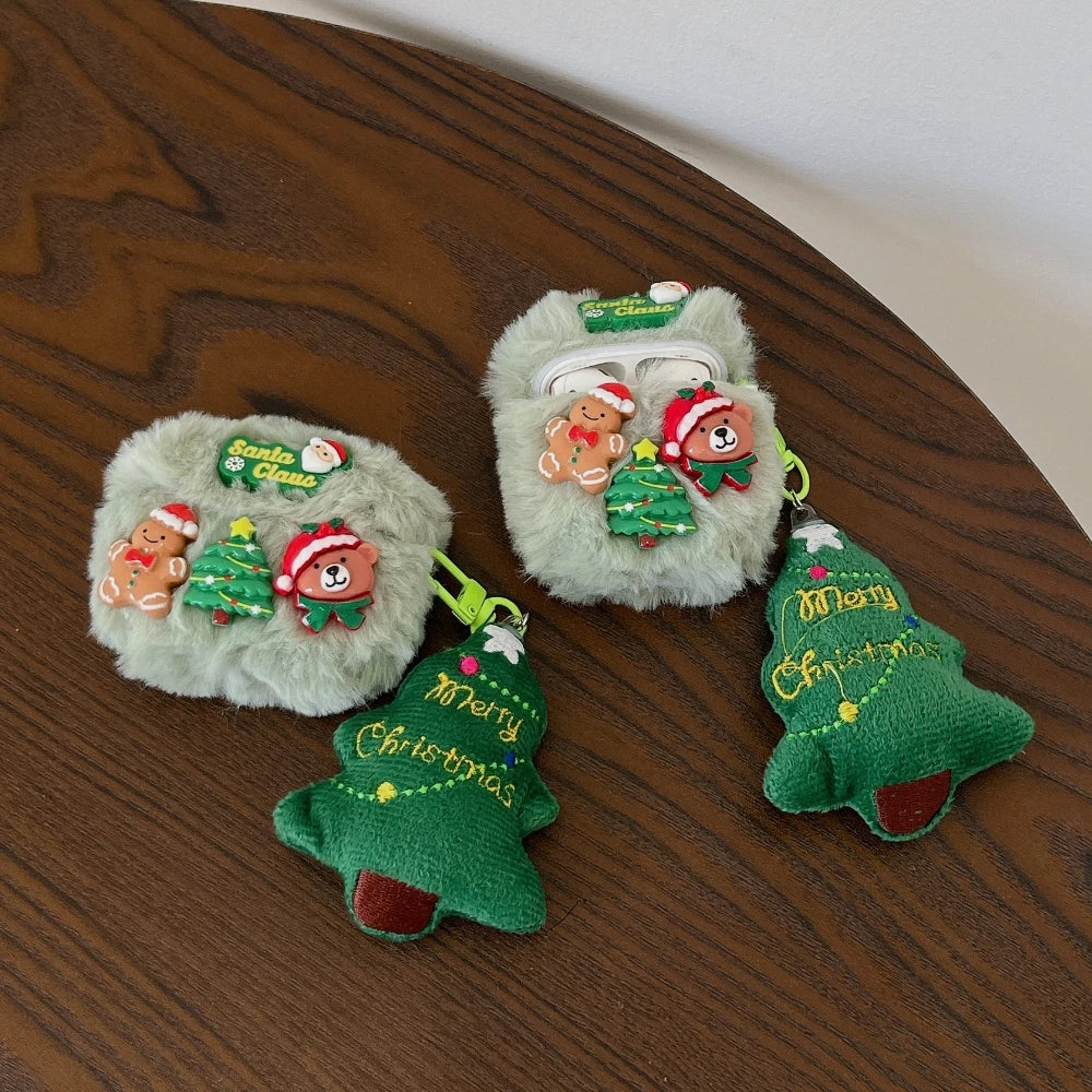Cute 3D Xmas Cartoon Plush Earphone Case for AirPods 4 3 Pro 2 1, Merry Christmas Tree Pendant Bear Santa Claus Protective Cover