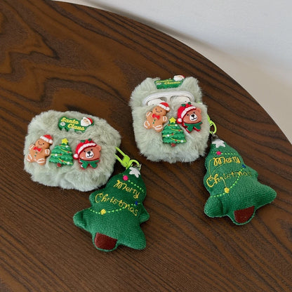Cute 3D Xmas Cartoon Plush Earphone Case for AirPods 4 3 Pro 2 1, Merry Christmas Tree Pendant Bear Santa Claus Protective Cover