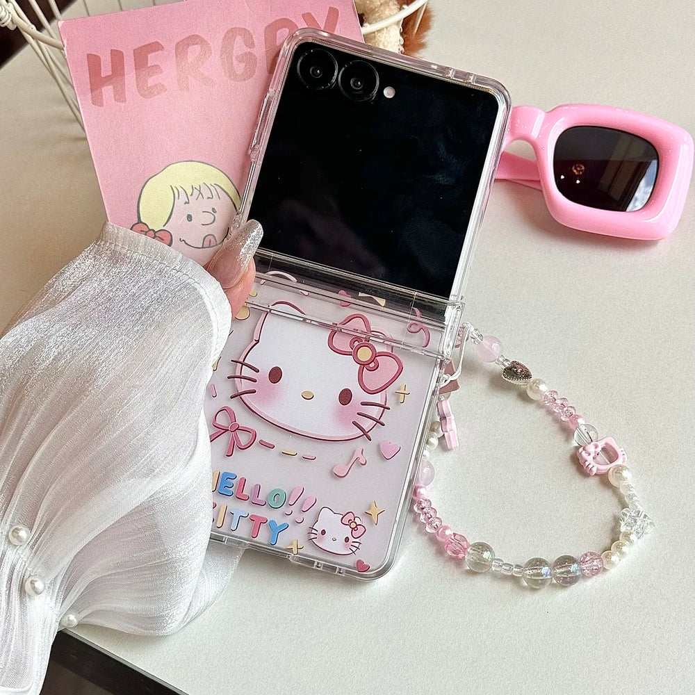 Cute Cartoon Sanrio Hello Kitty Stand Holder Phone Case For Samsung Galaxy Z Flip 7 6 5 4 3 Case Soft TPU Cover With Lanyard