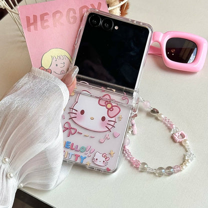 Cute Cartoon Sanrio Hello Kitty Stand Holder Phone Case For Samsung Galaxy Z Flip 7 6 5 4 3 Case Soft TPU Cover With Lanyard