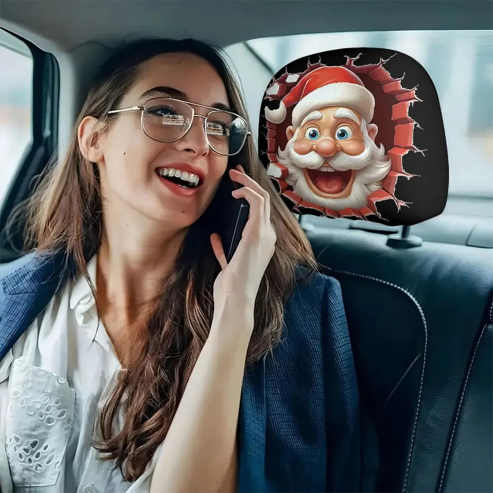 2-piece Christmas gift set, funny and quirky Santa Claus car headrest cover, car interior decoration, anti-oil and anti-stain
