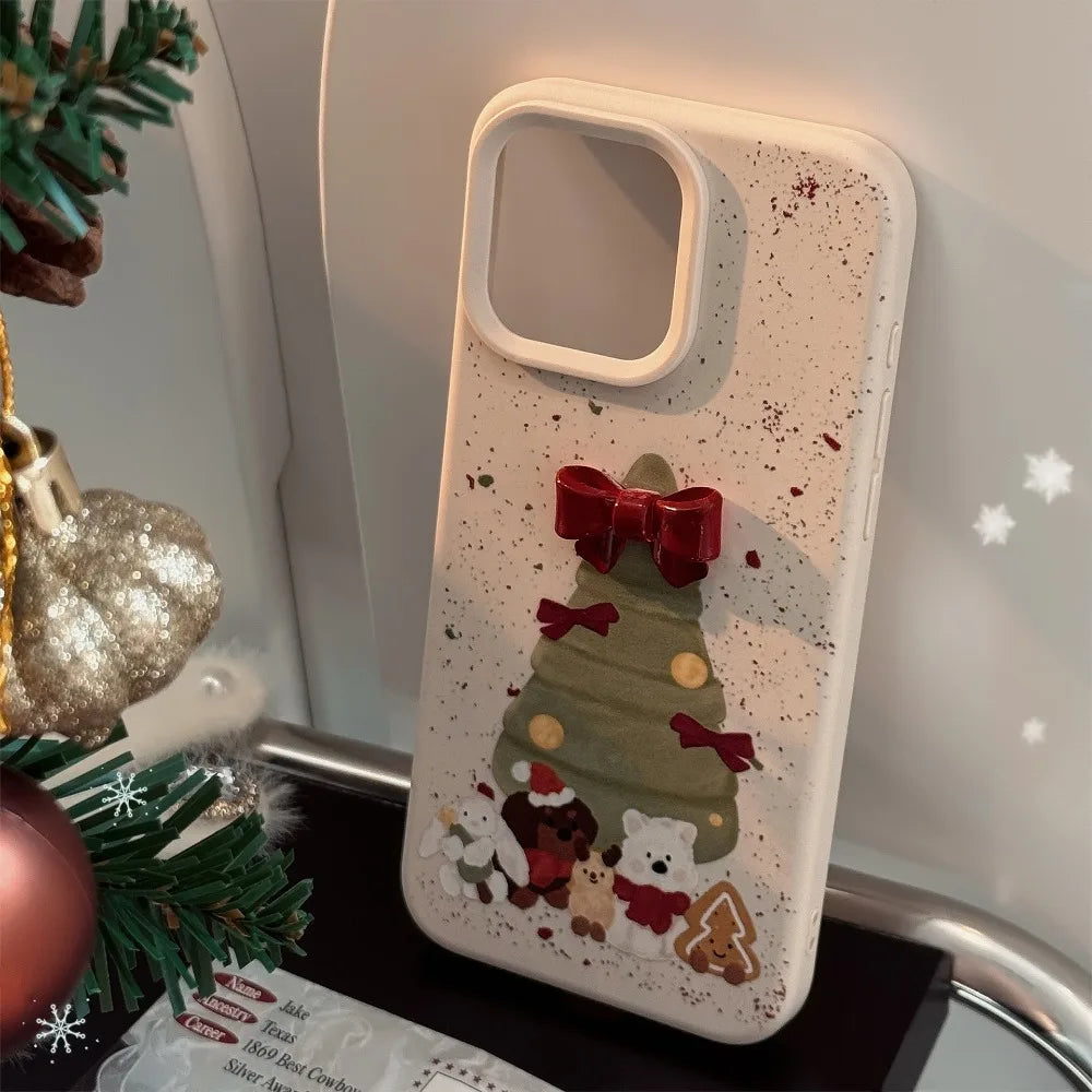 ins Korean 3D Bow Christmas Tree Phone Case For iPhone 16 Pro 15 14 13 12 11 Soft Shockproof Protective Cover For iPhone 15 Pro