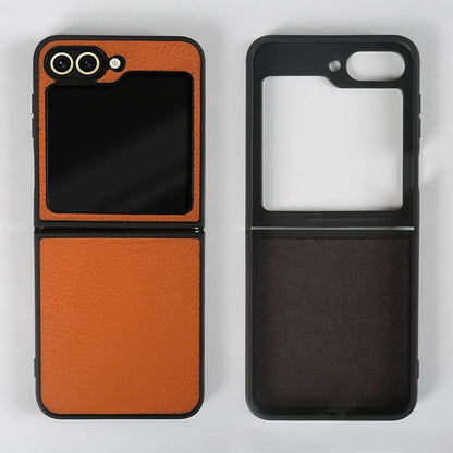 Luxury Genuine Leather Case For Samsung Galaxy Z Flip6 Cases for galaxy Z Flip 6 phone Cover Litchi Pattern Cowhide Coque Shell