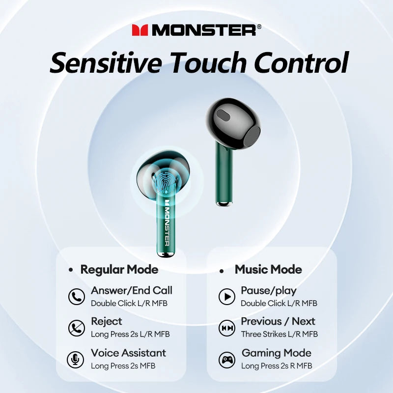 Original Monster XKT16 V5.3 Bluetooth Headphones Wireless HIFI Sound Earphones Low Latency Gaming Long Standby Earbuds
