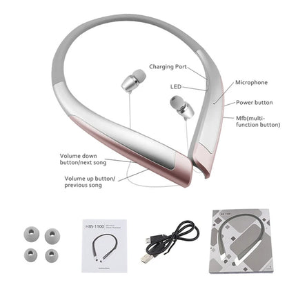 HBS-1100 Stereo Bluetooth Headphone Binaural Hand-free Neckband Earphones Fashion Mini Wireless Headset Binaural Universal