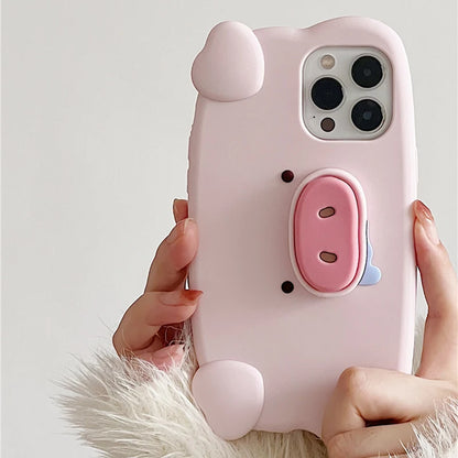 Fun 3D Pink Saliva Pig Nose Invisible Bracket Case For iPhone 13 14 12 11 15 Pro Max Cute Creative Holder Stand Shockproof Cover