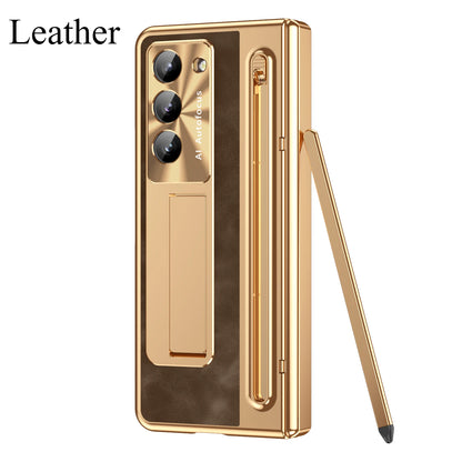 With Touch Pen For Samsung Galaxy Z Fold 7 6 5 4 3 TriFold Case Leather Plating Hinge 360 Full Screen Protector Folding Cover