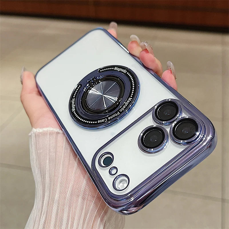 Luxury Plating 360 Rotate Ring Bracket Magnetic For Magsafe Case For iPhone 17 Air 16 15 14 Plus 13 12 11 Pro Max 16E Soft Cover