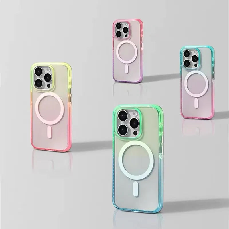 Luxury Color Gradients Transparent Magsafe Phone Case for IPhone 16 Pro 15 14 Pro Max Magnetic Wireless Charge Bumper Pc Cover